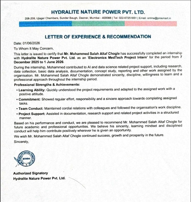 Electronic Med-Tech Project Intern, Hydralite Nature Power